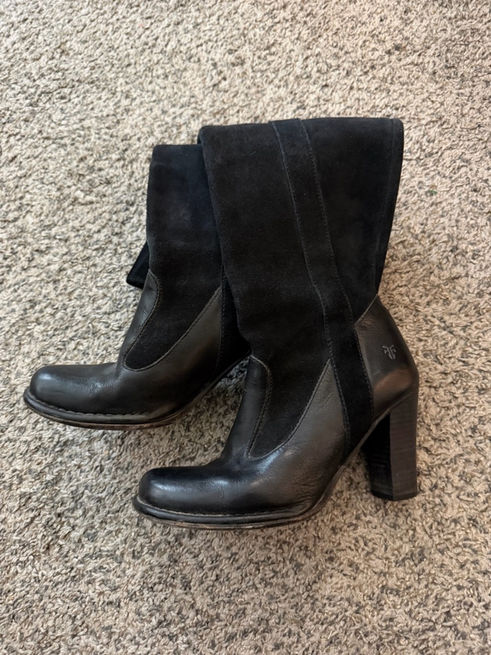 Frye Black Suede and Leather Mid-Calf Heeled Boots
